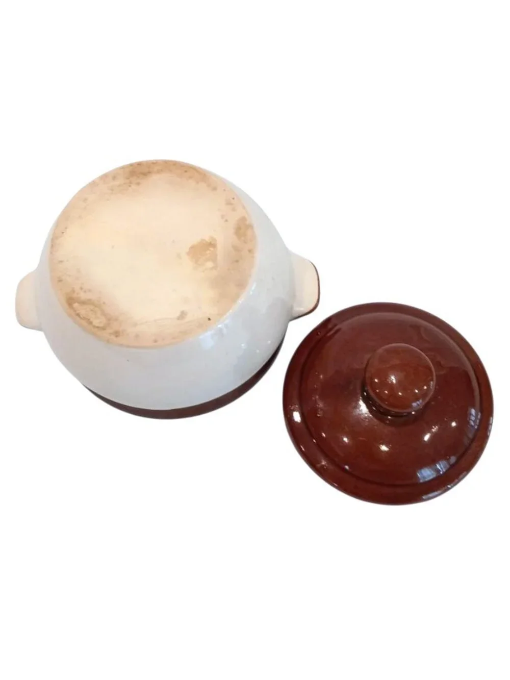 Vintage Stoneware Mini Bean Pot Crock W Lid Rustic Brown & Tan Glaze 1970s